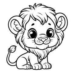 Vector illustration of a cute cartoon lion cub with large eyes and a fluffy mane in black and white. Represents wildlife, animals, nature, and a charming, graphic aesthetic for children.