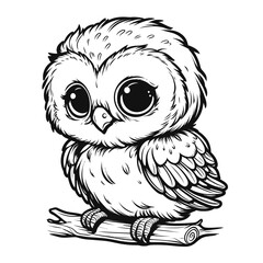 Vector illustration of a cute cartoon owl with large eyes and detailed feathering in black and white. Represents wildlife, birds, nature, and a charming, graphic aesthetic.