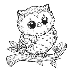 Vector illustration of a cute cartoon owl with large eyes and detailed feathering in black and white. Represents wildlife, birds, nature, and a charming, graphic aesthetic.