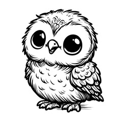 Vector illustration of a cute cartoon owl with large eyes and detailed feathering in black and white. Represents wildlife, birds, nature, and a charming, graphic aesthetic.