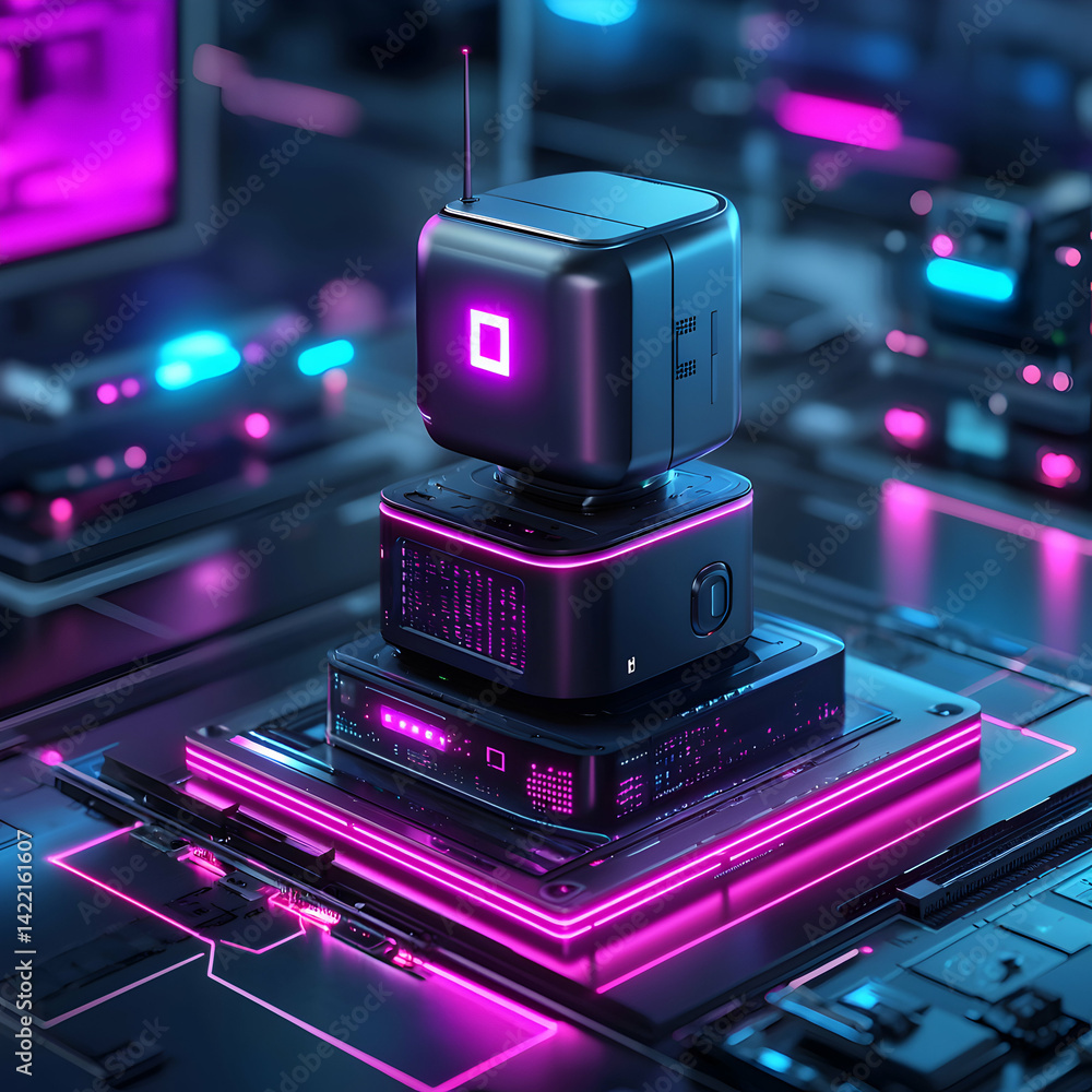Fototapete futuristic tech stack with neon lights perfect for data processing or network infrastructure visuali