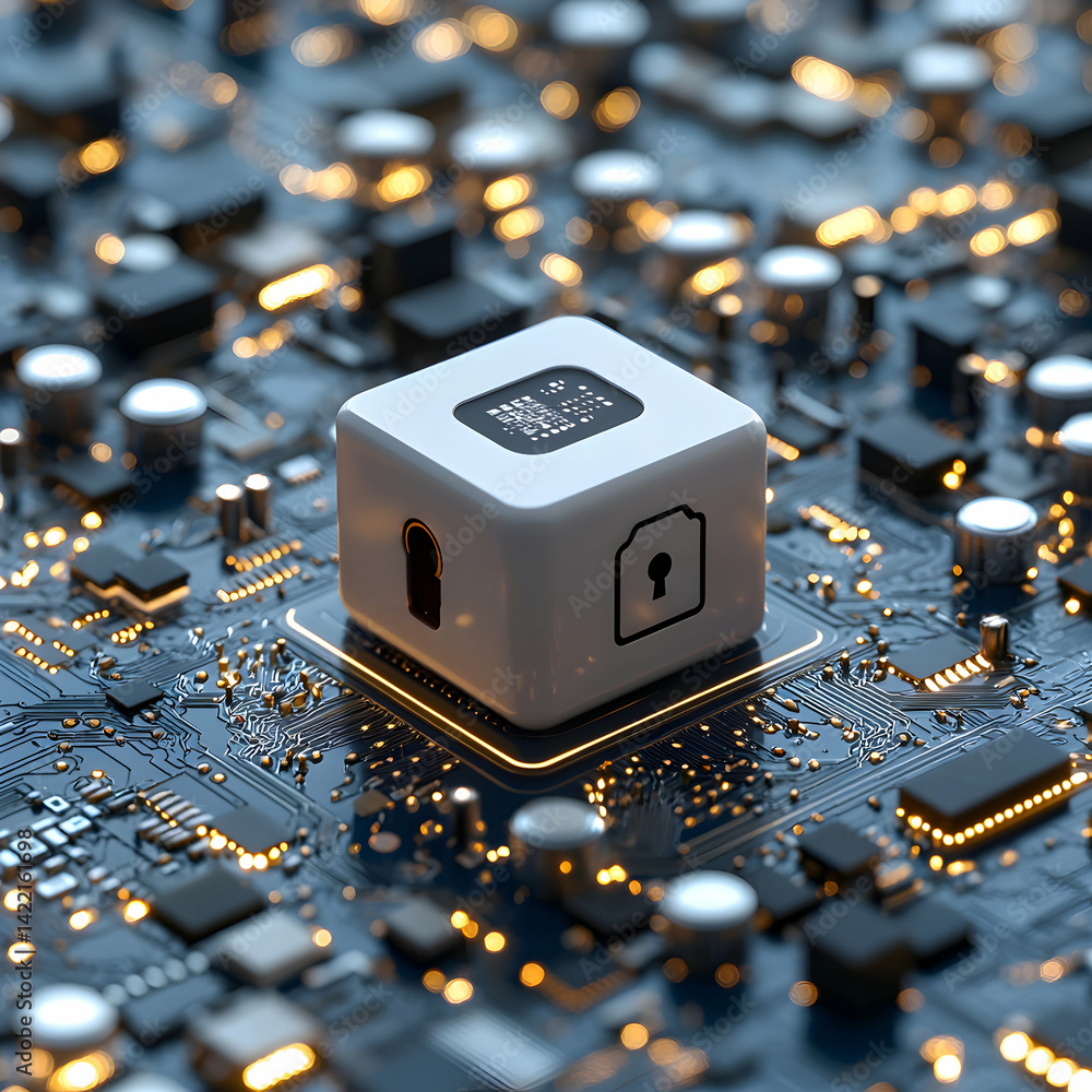 Poster cybersecurity concept showing data encryption on a circuit board. the image represents digital secur