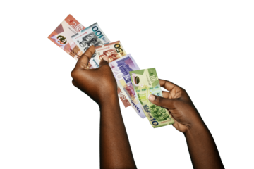Black african hands holding various Ghanaian cedi notes overlapping each other in a line over transparent background. closeup of Hands holding Ghana paper currencies