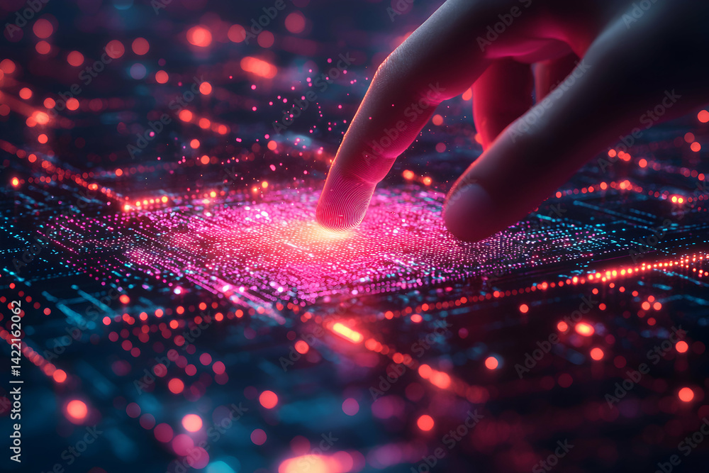 Fototapete digital finger interacting with a circuit board. suggests innovative technology solutions or user in