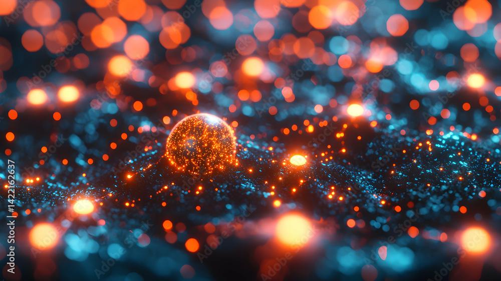 Poster an abstract digital art piece featuring glowing orbs and bokeh effects creating a futuristic data la
