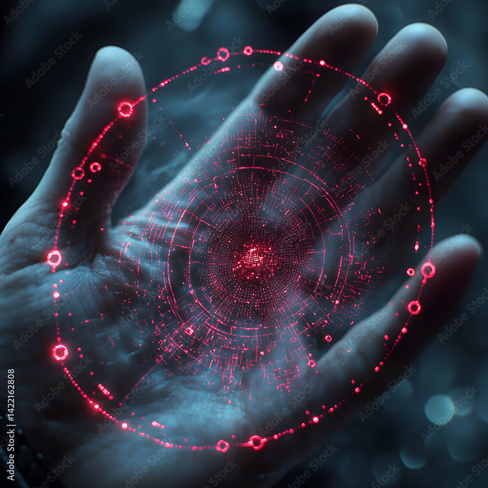 Aufkleber a hand holds a glowing red digital interface. suggests data manipulation or futuristic technology ap