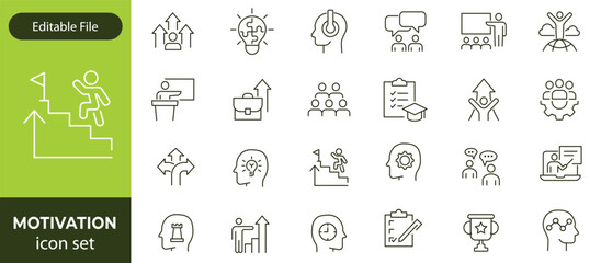 Motivation line editable icon set. Containing personal growth, goal setting, perseverance, achievement, teamwork, passion, thumbs up, and more. Vector illustration