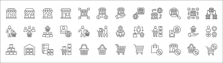 Online shop and store icon set. Consumer and goods icons. Set contains symbol of marketplace, network branch store, front shop, shopping basket, trolley, goods stock. vector illustration
