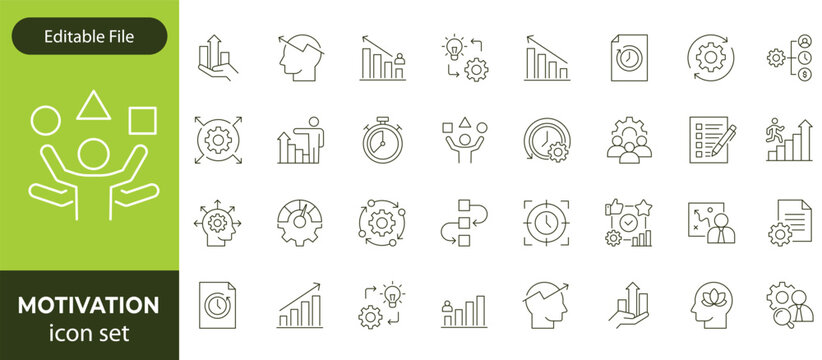 Motivation line editable icon set. Containing personal growth, goal setting, perseverance, achievement, teamwork, passion, thumbs up, and more. Vector illustration