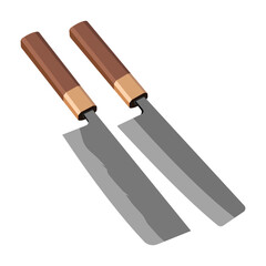 Illustration of two kitchen knives with wooden handles and sharp blades on white background