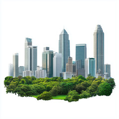 Obraz premium Bangkok city skyline with modern skyscrapers and lush green park in the foreground, isolated on a white background. Urban cityscape concept