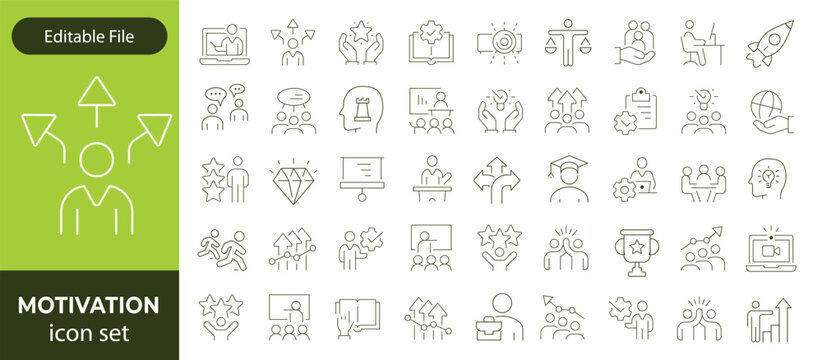 Motivation line editable icon set. Containing personal growth, goal setting, perseverance, achievement, teamwork, passion, thumbs up, and more. Vector illustration