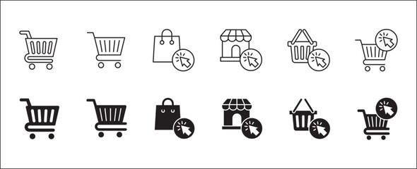 Online shopping icons. Logistic symbol. Online shop icon set. Icon symbol contains goods, stock management, logistic, store, trolley, shopping basket. Vector illustration