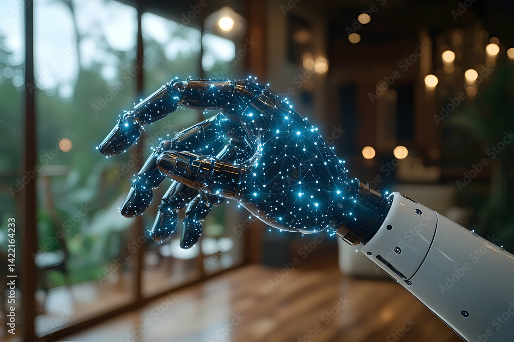 Aufkleber a robotic hand glowing with a network of lights reaching out showcasing future technology. suggests 