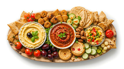 Assorted Mezze Dips and Breads on Plain Background