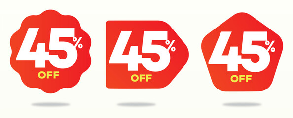 45% off. Sticker discount, promo, advertising, profit, shop. Value, offer, price, day, sale, market. Tag, commerce, shape, set, icon, vector