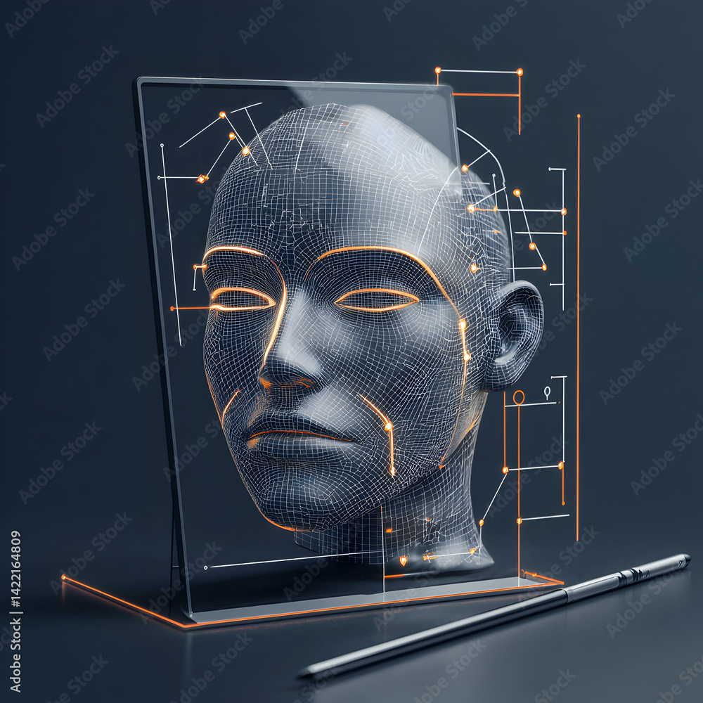 Poster an artistic portrayal of facial recognition technology. could be used in a tech-themed presentation 