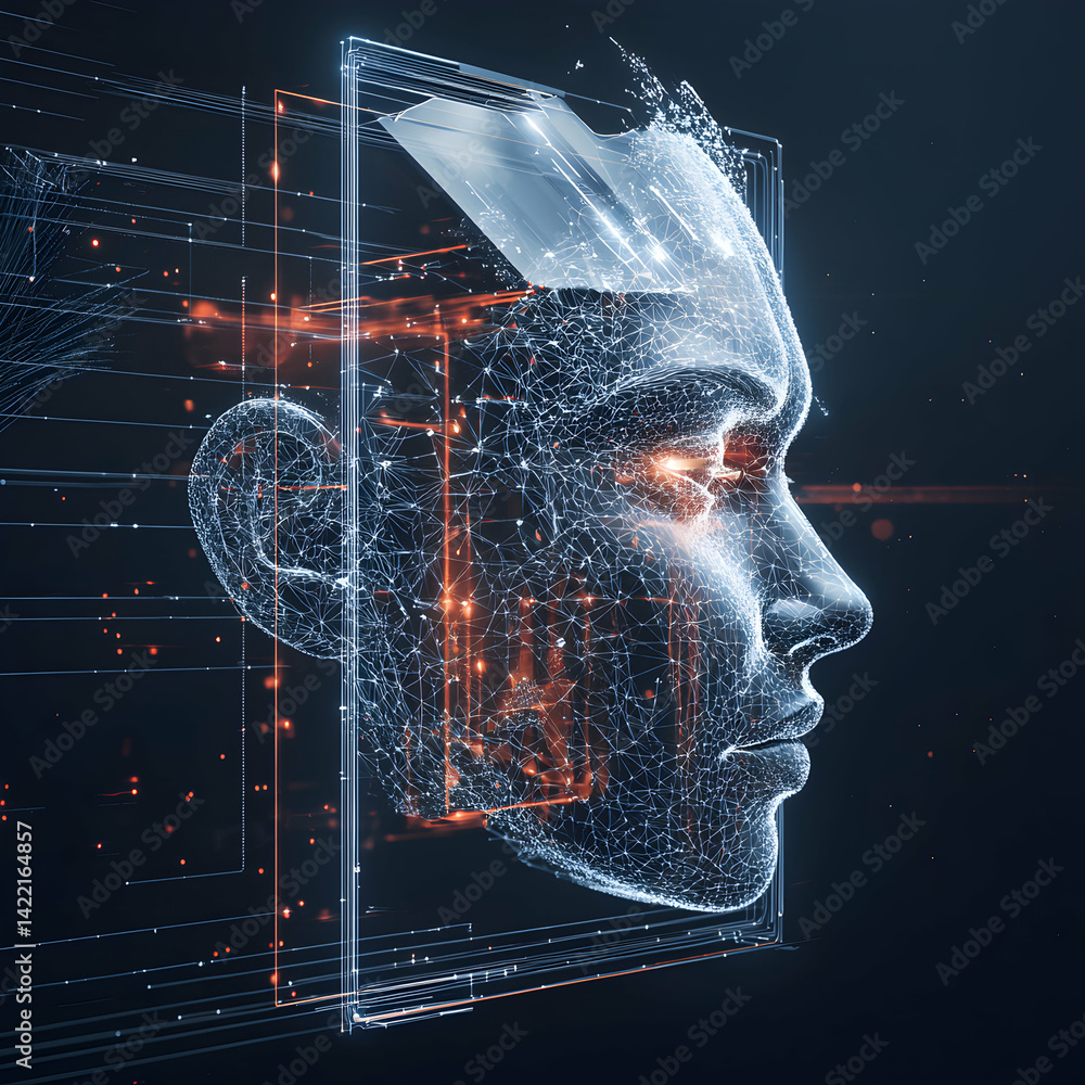 Fototapete a futuristic digital portrait of a face with glowing eyes and a network of lines suggesting ai or da