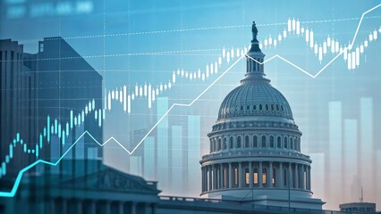 A digital representation of the Capitol building with financial charts overlaying, symbolizing the intersection of politics and economics.