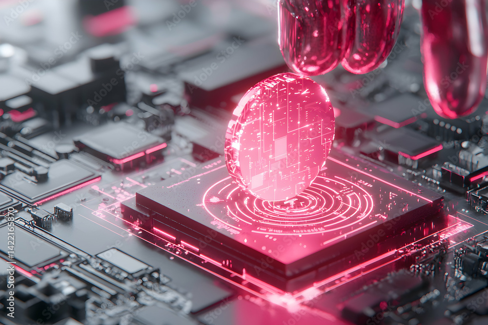Aufkleber an abstract image showcases digital technology with glowing circuitry. it can be used for presentati