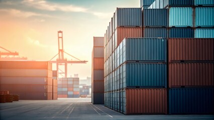Fototapeta premium A serene scene of stacked shipping containers at a port during sunset, highlighting industry and transport.