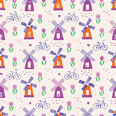 European Travel Pastel Windmills Pattern