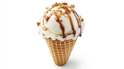 Toffee ice cream in waffle cone isolated on white background. Generative AI