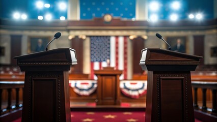 A grand legislative chamber featuring two podiums, an American flag backdrop, and a red carpet, suggesting a political event or debate setting.