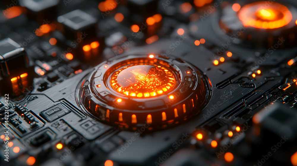Poster a detailed rendering of a futuristic circuit board with glowing orange lights. ideal for technology 