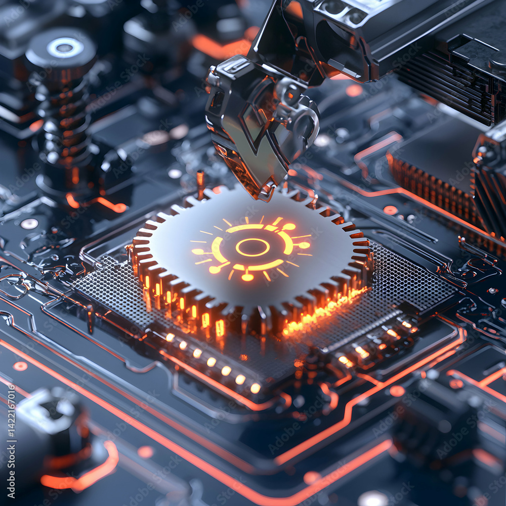 Fototapete a futuristic depiction of a computer chip. a robotic arm seemingly places or interacts with it symbo