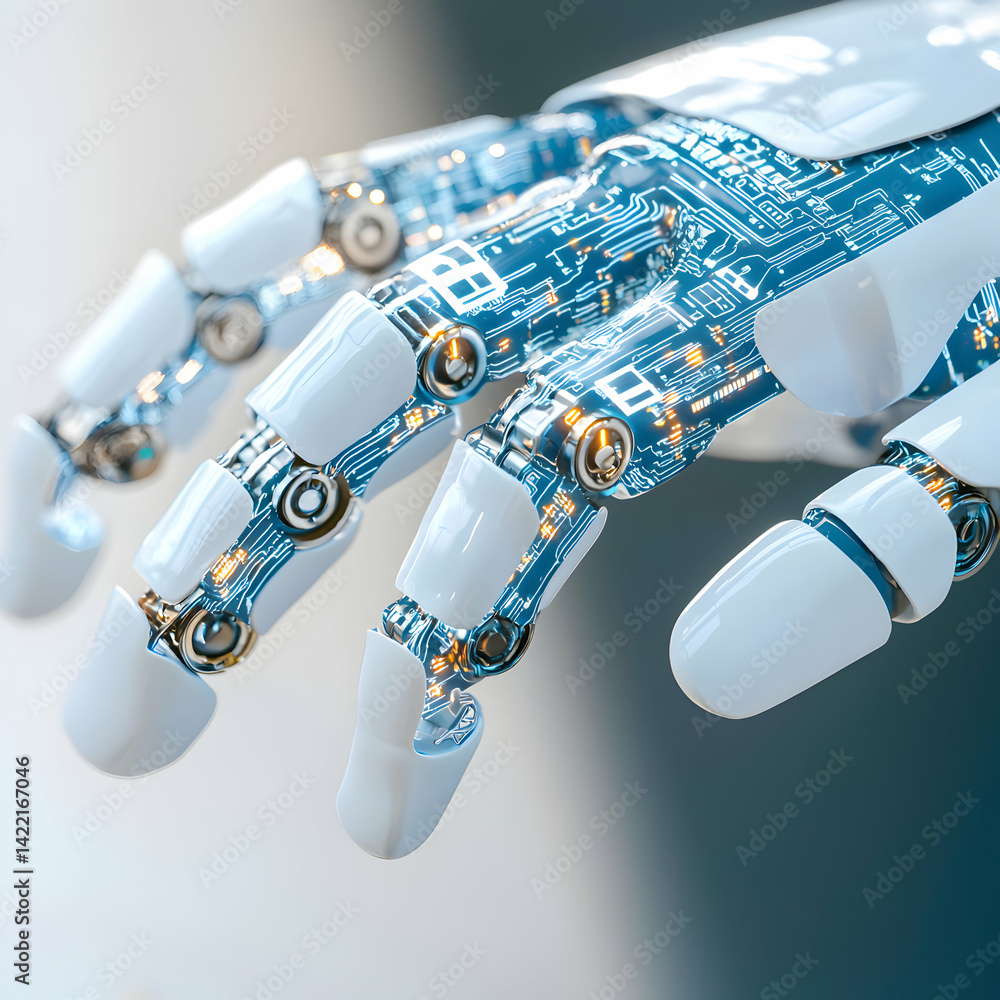 Poster a close-up of a robotic hand showcasing intricate internal circuits and sleek white exterior. ideal 