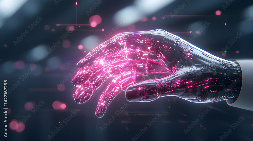 Poster futuristic robot hand glowing with pink light. this image represents advanced technology artificial 