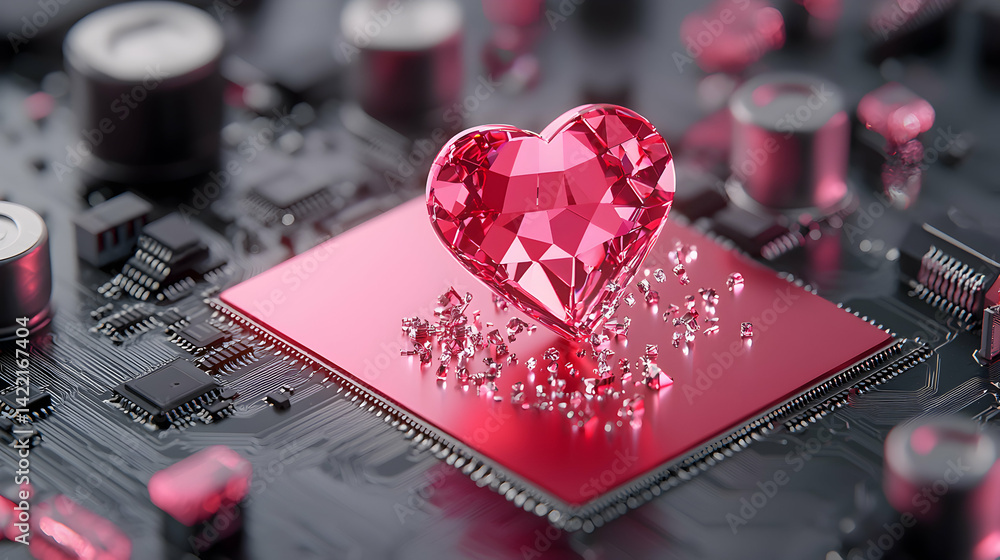 Poster a pink gemstone heart rests on a computer circuit board representing technological love or digital c