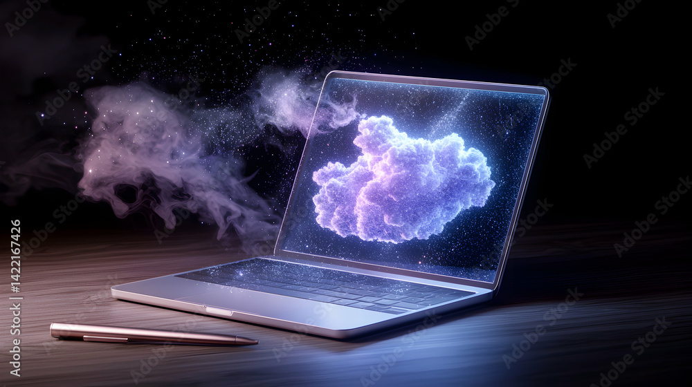 Poster a futuristic laptop showcases a vibrant cloud of data. it suggests cloud computing or data transfer.