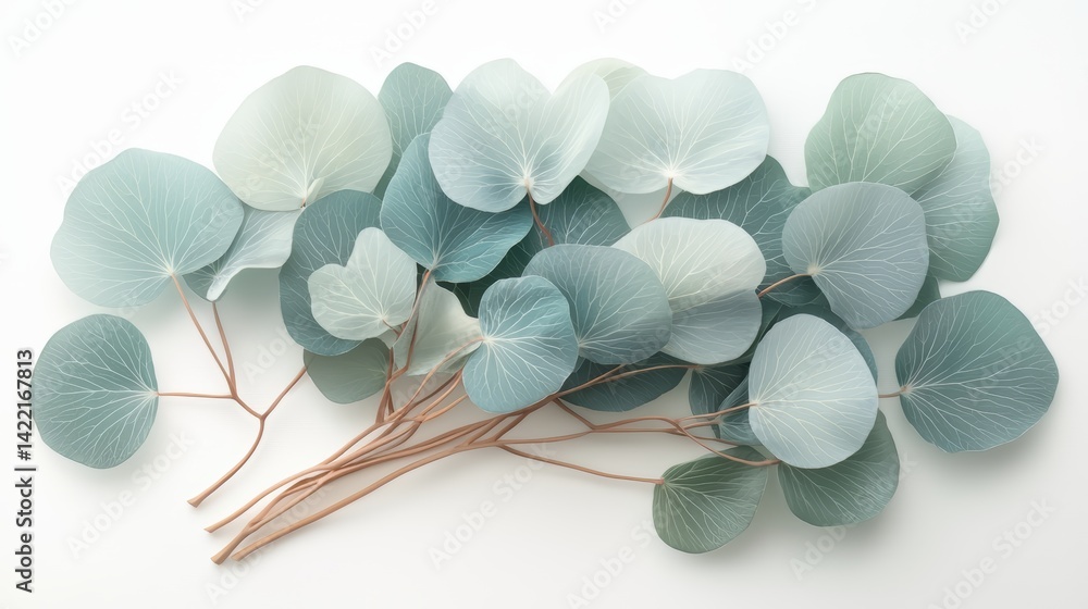 Poster bunch of fake leaves are arranged in a row on a white background. the leaves are green and have a sh