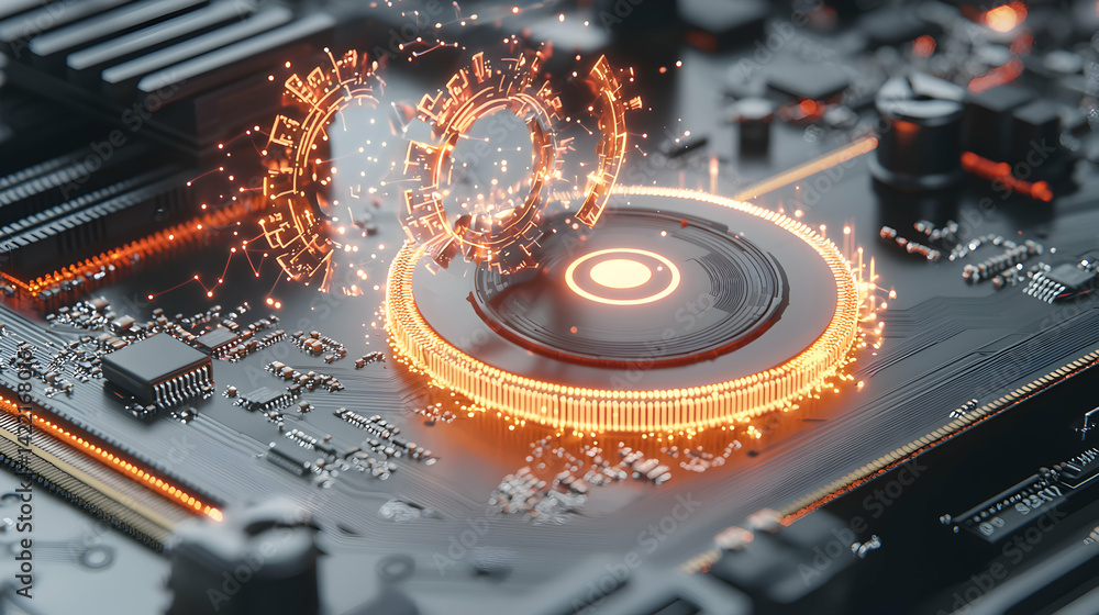 Fototapete futuristic circuit board with glowing orange elements. suitable for tech presentations science ficti