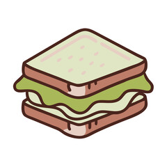 Delicious sandwich with layers of green filling and white cheese served on brown bread