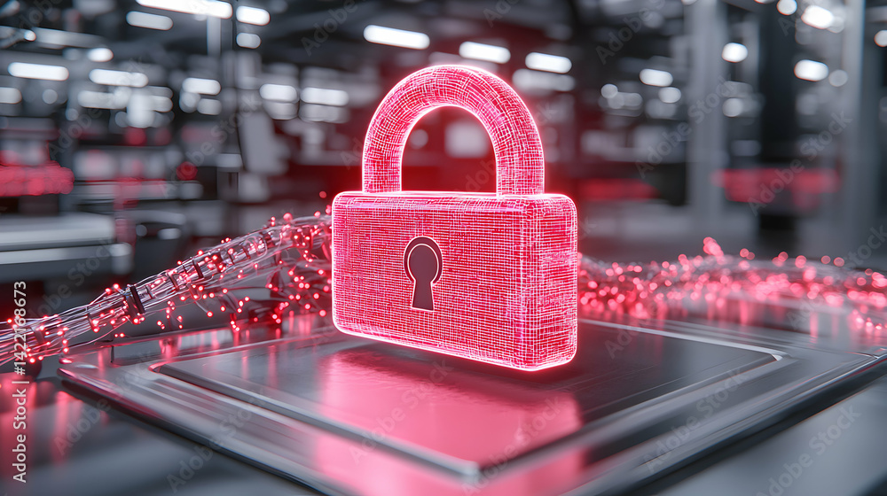 Poster cybersecurity concept depicts a glowing padlock on a circuit board with digital connections. ideal f