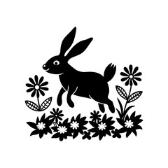 Rabbit hopping in a flower field silhouette illustration