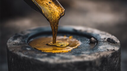 Liquid gold being poured into mold molten metal casting with textured gray crucible