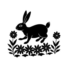 Rabbit hopping in a flower field silhouette illustration