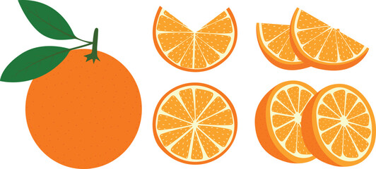 Fresh and sweet orange fruit set. Vector set of oranges with leaves, whole, half, cut and slice fruits isolated on white background, Best Orange clipart and Drawing, eps10. 