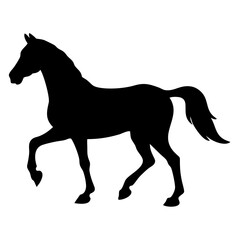 Obraz premium Black silhouette of a horse walking gracefully on a plain white background during daylight hours