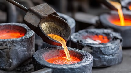 Molten metal is being poured from ladle into crucible with intense heat and light in foundry
