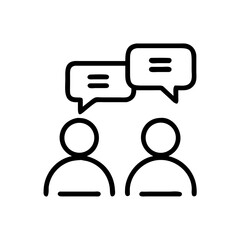 Two individuals engaged in a conversation with speech bubbles indicating discussion in a minimalist design