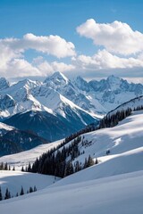 mountains covered in snow and trees with a person on skis