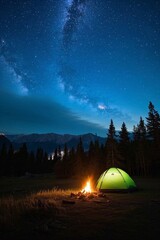 there is a green tent sitting in the middle of a field