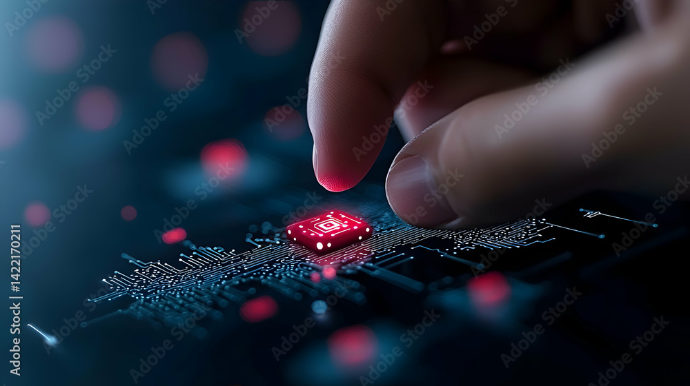 Fototapete a hand touches a glowing microchip on a circuit board representing technology and innovation. suitab