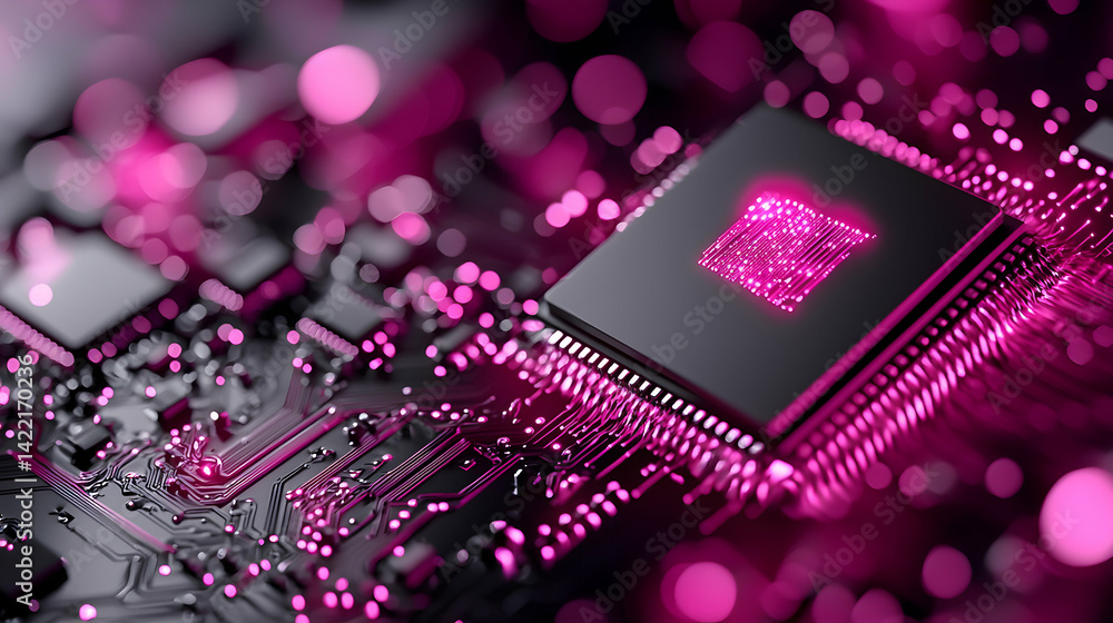 Aufkleber a close-up image of a computer chip glowing pink. perfect for tech presentations or futuristic digit