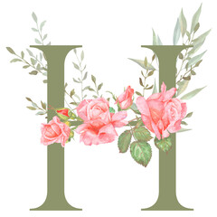 Hand painted watercolor floral alphabet - letter H. The letter of the alphabet is olive colored and decorated with watercolor roses. Wedding, birthday, children's party, any creative ideas.